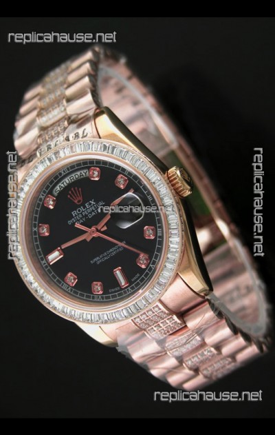 Rolex Oyster Perpetual Day Date Japanese Rose Gold Automatic Watch in Black Dial