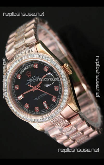 Rolex Oyster Perpetual Day Date Swiss Rose Gold Automatic Watch in Black Dial