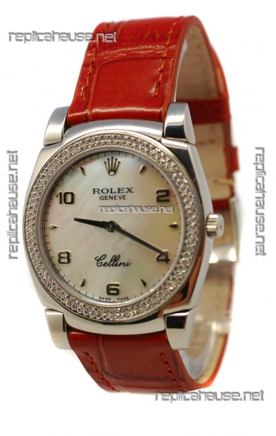 Rolex Cellini Cestello Ladies Swiss Watch Pearl in Diamonds Bezel