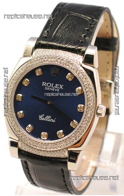 Rolex Cellini Cestello Ladies Swiss Watch in Dark Blue Face Diamonds Bezel and Lugs