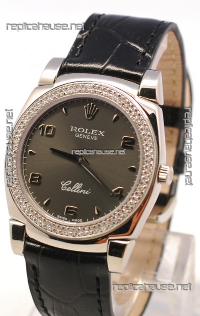 Rolex Cellini Cestello Ladies Swiss Watch in Grey Face and Diamonds Bezel 