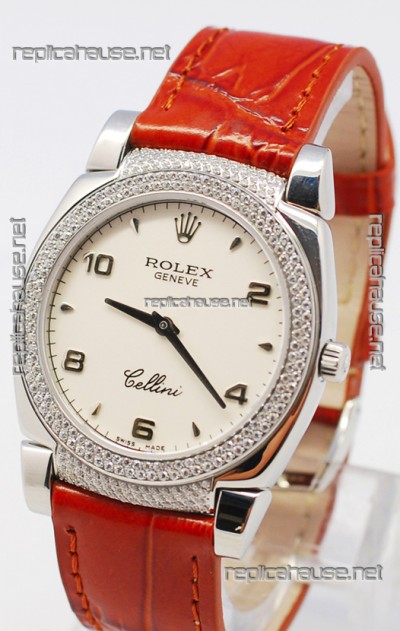 Rolex Cellini Cestello Ladies Swiss Watch in White Face Bezel and Lugs