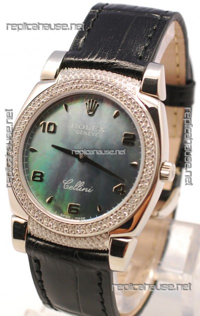 Rolex Cellini Cestello Ladies Swiss Watch in Black Pearl Face Diamonds Bezel and Lugs