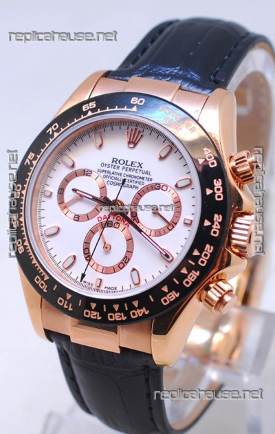 Rolex Daytona MonoBloc Cerachrom Bezel Swiss Replica Rose Gold Plated Watch in White Dial