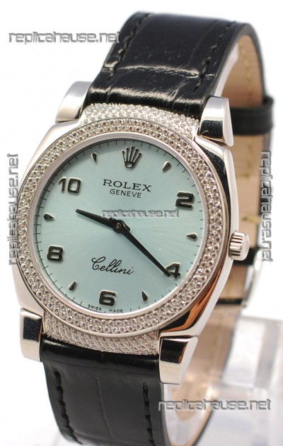 Rolex Cellini Cestello Ladies Swiss Watch in Blue Face Black Leather Strap Diamonds Bezel 