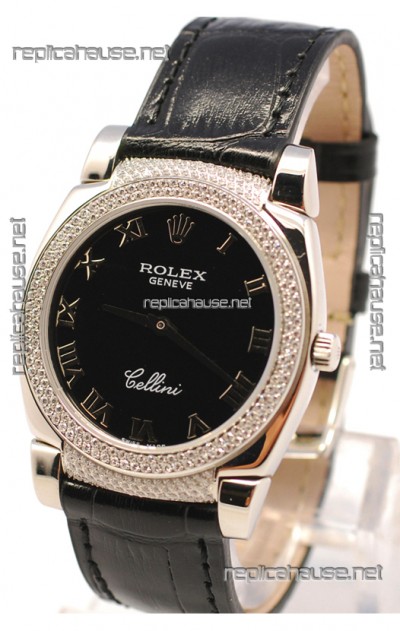 Rolex Cellini Cestello Ladies Swiss Watch in Black Face Roman Markers