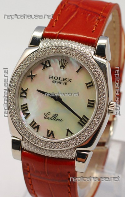 Rolex Cellini Cestello Ladies Swiss Watch in White Pearl Face Diamonds Bezel and Lugs