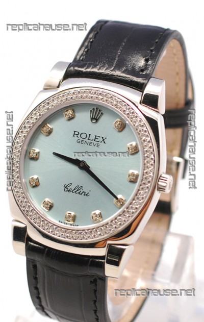 Rolex Cellini Cestello Ladies Swiss Watch in Blue Metalic Face Diamonds Markers