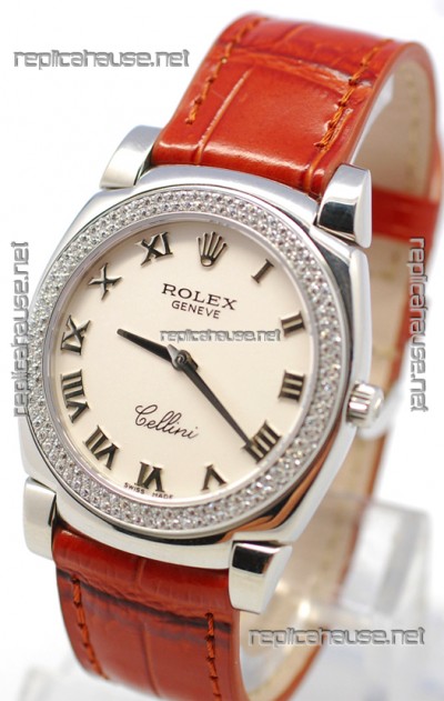 Rolex Cellini Cestello Ladies Swiss Watch White Roman Face Diamonds Bezel