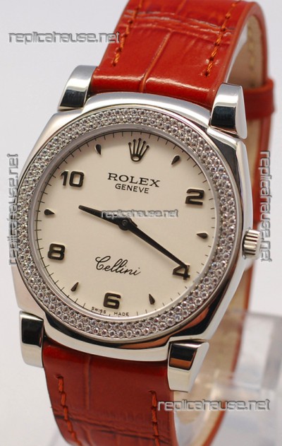 Rolex Cellini Cestello Ladies Swiss Watch in White Face Diamonds Bezel